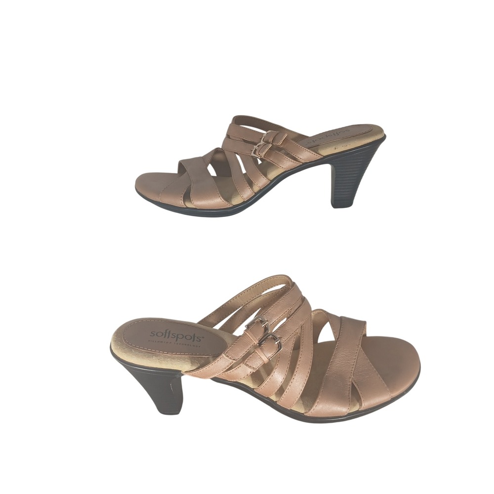 Softspots Womens 8M‎ Tan Leather Strappy Slide Sandals Pillowtop Heel 7310270